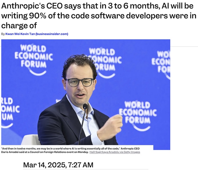 Dario Amodei im März 2025: In 3-6 Monaten wird 90% des Codes wird von KI geschrieben.