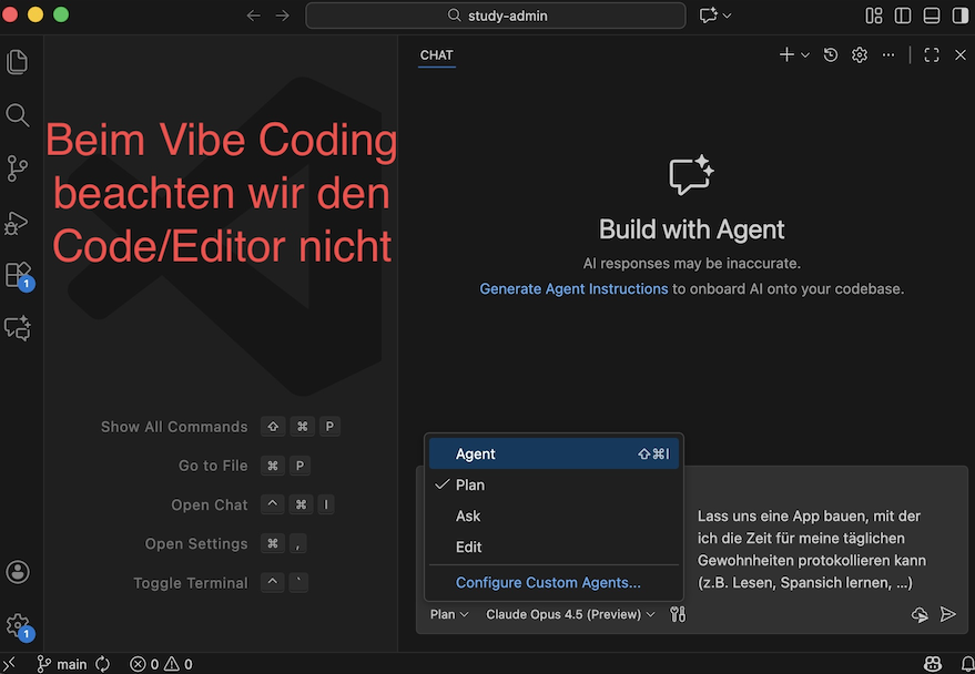 Screenshot VS Code mit GitHub Copilot Chat im Agent-Modus