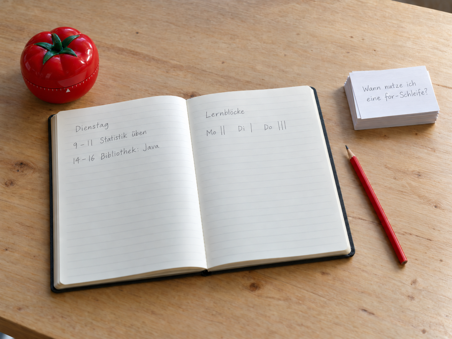 Ein Lernplatz mit Tomaten-Timer, aufgeschlagenem Notizbuch, Lernkarten und rotem Bleistift. KI-generiertes Bild.